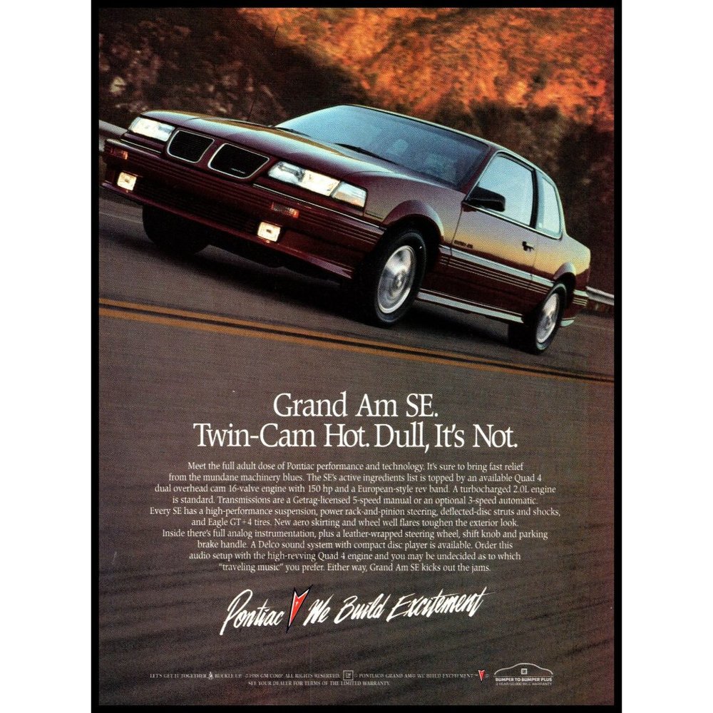 1989 Pontiac Grand Am SE 2 Door Coupe Vintage Print Ad Highway Hills Wall Art